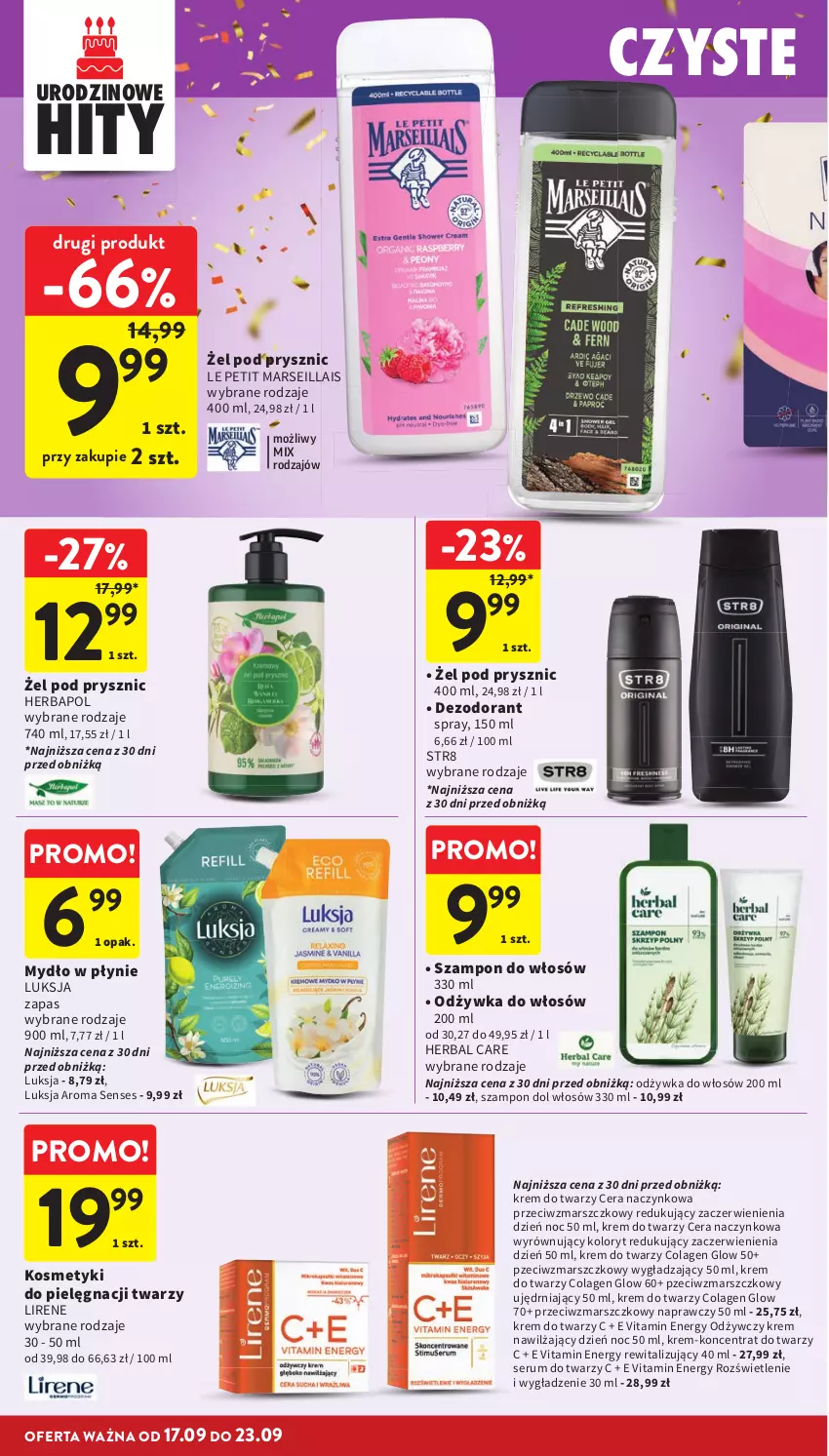 Gazetka promocyjna Intermarche - Gazetka promocyjna - ważna 17.09 do 23.09.2026 - strona 40 - produkty: Dezodorant, Herbapol, Kosmetyki do pielęgnacji, Krem do twarzy, Krem nawilżający, Lirene, Luksja, Mars, Mydło, Mydło w płynie, Odżywka, Rum, Senses, Ser, Serum, Serum do twarzy, Str8, Szampon