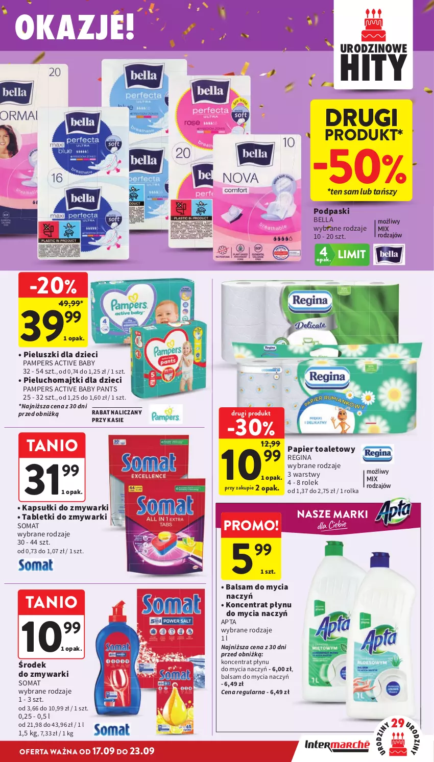 Gazetka promocyjna Intermarche - Gazetka promocyjna - ważna 17.09 do 23.09.2026 - strona 41 - produkty: Balsam do mycia naczyń, Bell, Bella, Do mycia naczyń, Dzieci, Gin, Majtki, Pampers, Papier, Papier toaletowy, Pieluchomajtki, Podpaski, Somat, Tablet, Tabletki do zmywarki, Zmywarki