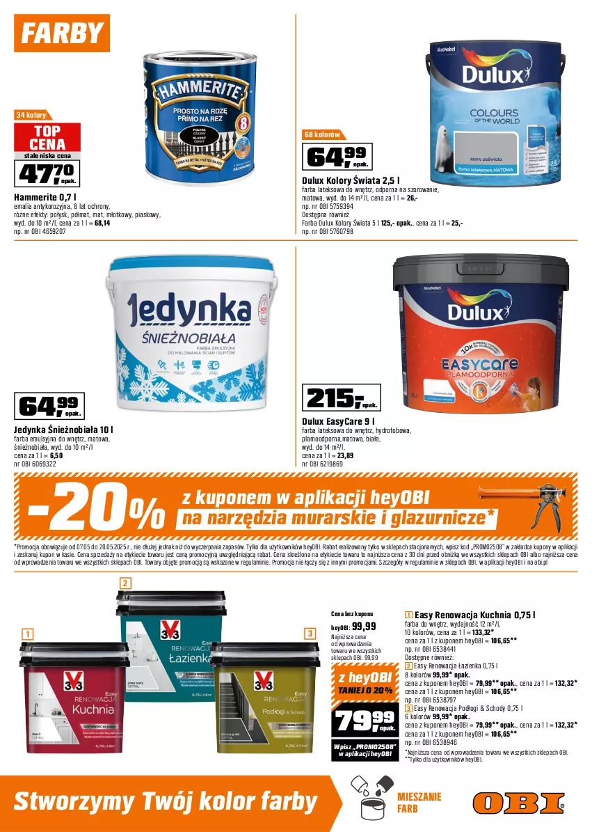 Gazetka promocyjna Obi - Gazetka OBI - ważna 07.05 do 20.05.2025 - strona 13 - produkty: Dulux, Fa, Farba do wnętrz, Farba lateksowa, Kuchnia, Lazur, Młot, Por, Top