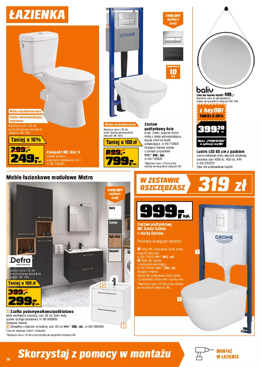 Gazetka promocyjna Obi - Gazetka OBI - ważna 07.05 do 20.05.2025 - strona 14 - produkty: Deska wolnoopadająca, Grohe, Kompakt WC, Kosz, Lustro, Lustro LED, Meble, Meble łazienkowe, Metro, Miska, Optima, Rama, Szafka, Umywalka, Zestaw podtynkowy WC