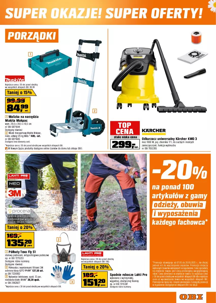 Gazetka promocyjna Obi - Gazetka OBI - ważna 07.05 do 20.05.2025 - strona 7 - produkty: Buty, Dźwig, Fa, Kärcher, Makita, Maska, Odkurzacz, Półbuty, Por, Rękawice, Rękawice lateksowe, Ser, Spodnie, Sport, Top, Tran, Walizka, Wózek, Wózek transportowy