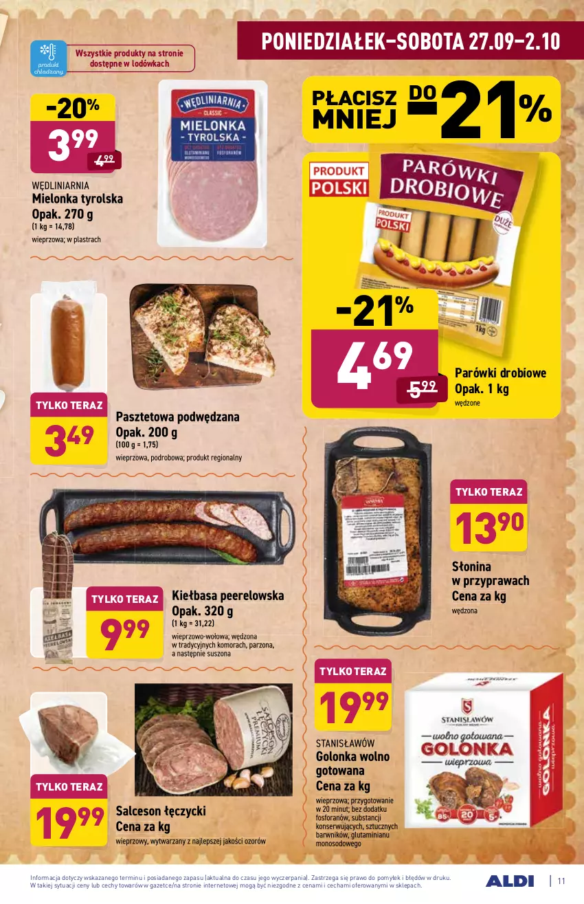 Gazetka promocyjna Aldi - ważna 27.09 do 02.10.2021 - strona 11 - produkty: Kiełbasa, Lodówka, Mielonka tyrolska, Parówki, Pasztet, Salceson, Ser, Tera