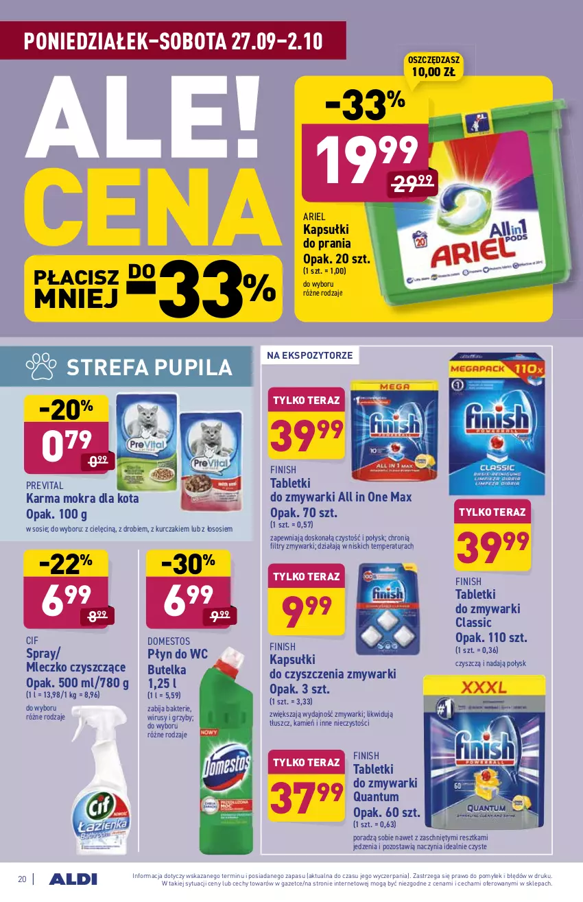 Gazetka promocyjna Aldi - ważna 27.09 do 02.10.2021 - strona 20 - produkty: Ariel, Cif, Domestos, Fa, Finish, Grzyby, Kapsułki do prania, Kurczak, Mleczko, Płyn do wc, Por, Sos, Tablet, Tabletki do zmywarki, Tera, Zmywarki