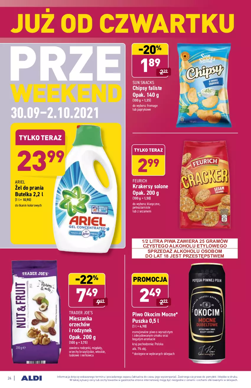 Gazetka promocyjna Aldi - ważna 27.09 do 02.10.2021 - strona 24 - produkty: Ariel, Chipsy, Fa, Gra, Koc, Krakersy, Migdały, Okocim, Piwa, Piwo, Rodzynki, Sezam, Tera