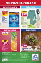 Gazetka promocyjna Aldi - Gazetka - ważna od 02.10 do 02.10.2021 - strona 38 - produkty: Sok pomarańczowy, Sok, Por, Finish, Tablet, O nas, Tera, Wełna, Tymbark, Biuro, Zmywarki, Tabletki do zmywarki, Piżama, Queentex