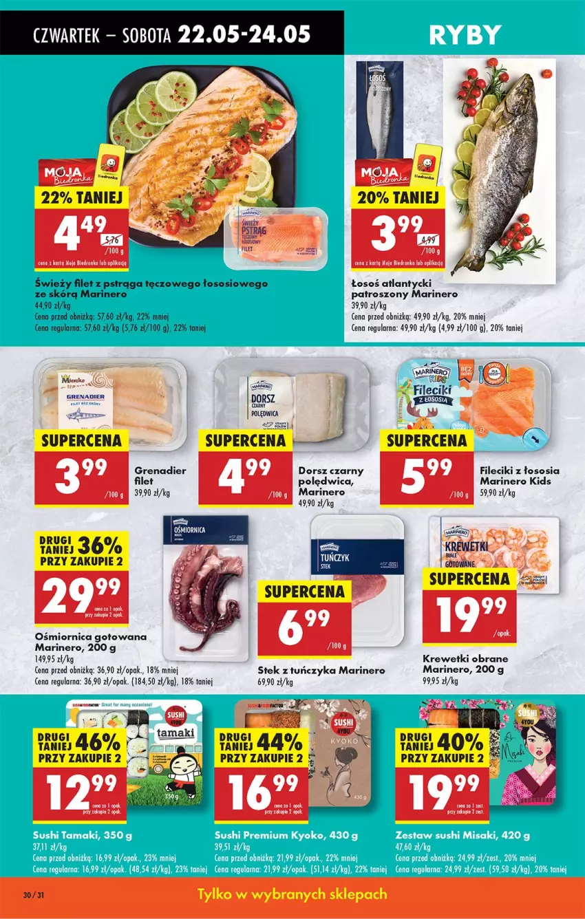 Gazetka promocyjna Biedronka - Od Czwartku - ważna 22.05 do 28.05.2025 - strona 38 - produkty: Dorsz, Filet z pstrąga, Grenadier, Krewetki, Polędwica, Por, Pstrąg, Sos, Stek, Tuńczyk