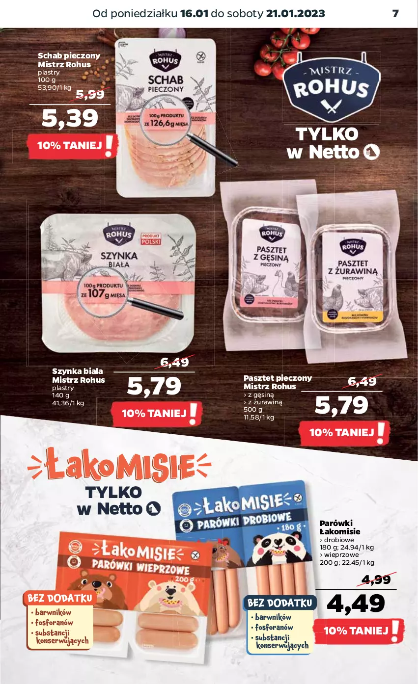 Gazetka promocyjna Netto - Artykuły spożywcze - ważna 16.01 do 21.01.2023 - strona 7 - produkty: Parówki, Pasztet, Piec, Schab pieczony, Szynka, Szynka biała