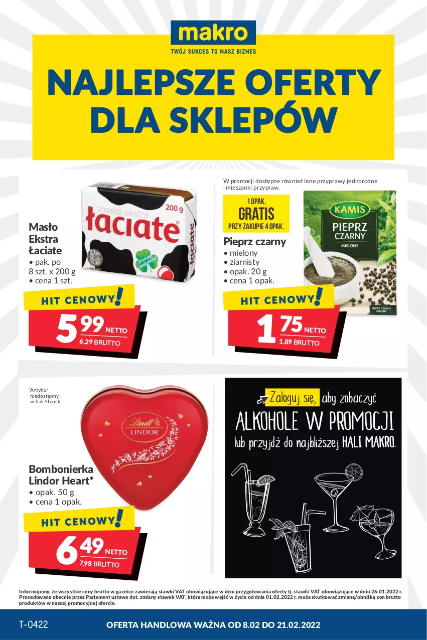 Gazetka promocyjna Makro - [Oferta promocyjna] Artykuły spożywcze i przemysłowe - ważna 08.02 do 21.02.2022 - strona 1 - produkty: Gra, Lindor, Masło, Pieprz, Przyprawy