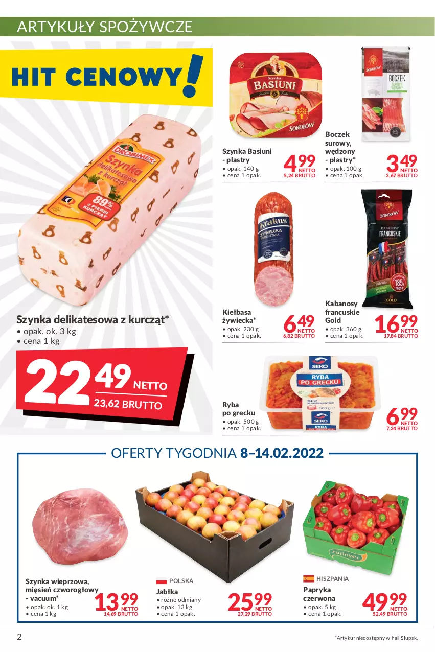 Gazetka promocyjna Makro - [Oferta promocyjna] Artykuły spożywcze i przemysłowe - ważna 08.02 do 21.02.2022 - strona 2 - produkty: Artykuły spożywcze, Boczek, Jabłka, Kabanos, Kiełbasa, Papryka, Papryka czerwona, Ryba, Ryba po grecku, Szynka, Szynka delikatesowa, Szynka wieprzowa