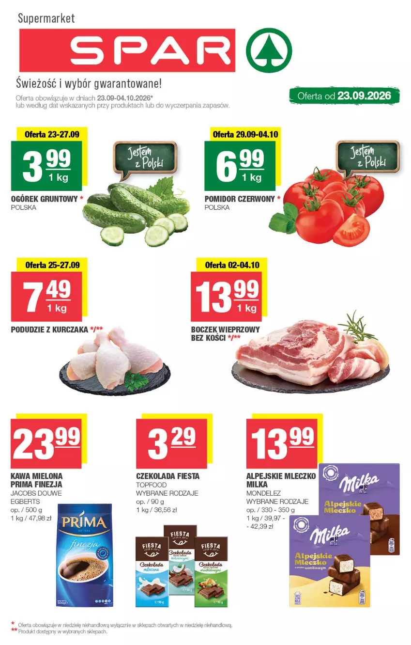 Gazetka promocyjna Spar - Spar - ważna 23.09 do 04.10.2026 - strona 1 - produkty: Boczek, Boczek wieprzowy, Czekolada, Grunt, Jacobs, Kawa, Kawa mielona, Kurczak, Miecz, Milka, Mleczko, Ogórek, Podudzie z kurczaka, Prima, Top