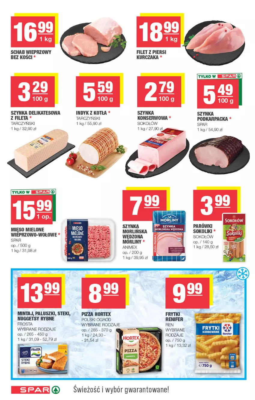 Gazetka promocyjna Spar - Spar - ważna 23.09 do 04.10.2026 - strona 4 - produkty: Frosta, Frytki, Hortex, Karp, Kurczak, Mięso, Mięso mielone, Mintaj, Morliny, Ogród, Parówki, Pizza, Renifer, Schab wieprzowy, Ser, Sok, Sokołów, Stek, Szynka, Szynka delikatesowa, Tarczyński