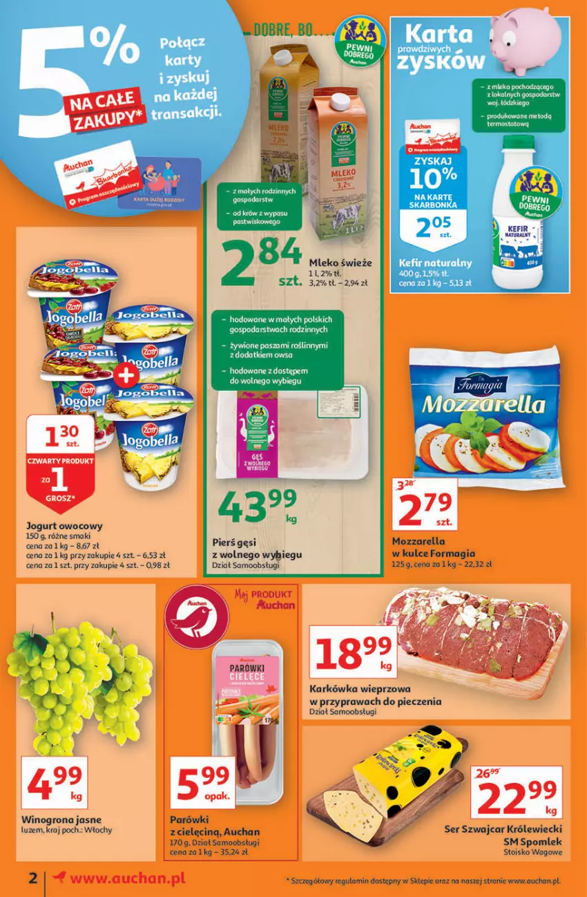 Gazetka promocyjna Auchan - Jesienne okazje Moje Auchan - ważna 04.11 do 10.11.2021 - strona 2 - produkty: Jogurt, Jogurt owocowy, Karkówka wieprzowa, Kefir, Kefir naturalny, Mleko, Mozzarella, Parówki, Piec, Ser, Tran, Wino, Winogrona