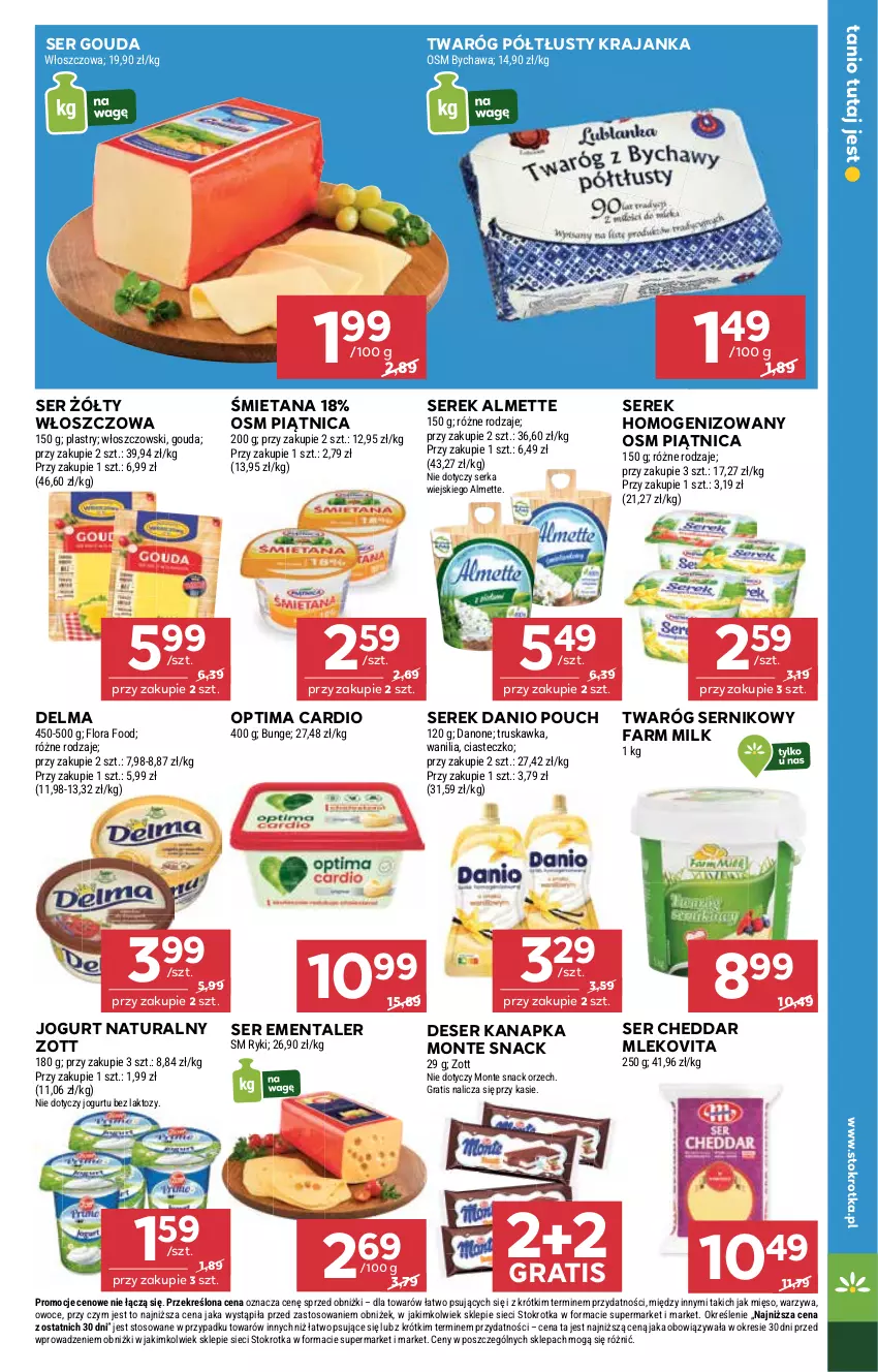 Gazetka promocyjna Stokrotka - Market - ważna 23.10 do 29.10.2025 - strona 11 - produkty: Almette, Cheddar, Danio, Danone, Delma, Deser, Ementaler, Fa, Farm Milk, Flora, Gouda, Gra, Jogurt, Jogurt naturalny, Mięso, Mleko, Mlekovita, Monte, Optima, Optima Cardio, Owoce, Piątnica, Ser, Serek, Serek homogenizowany, Twaróg, Twaróg półtłusty, Warzywa, Włoszczowski, Zott