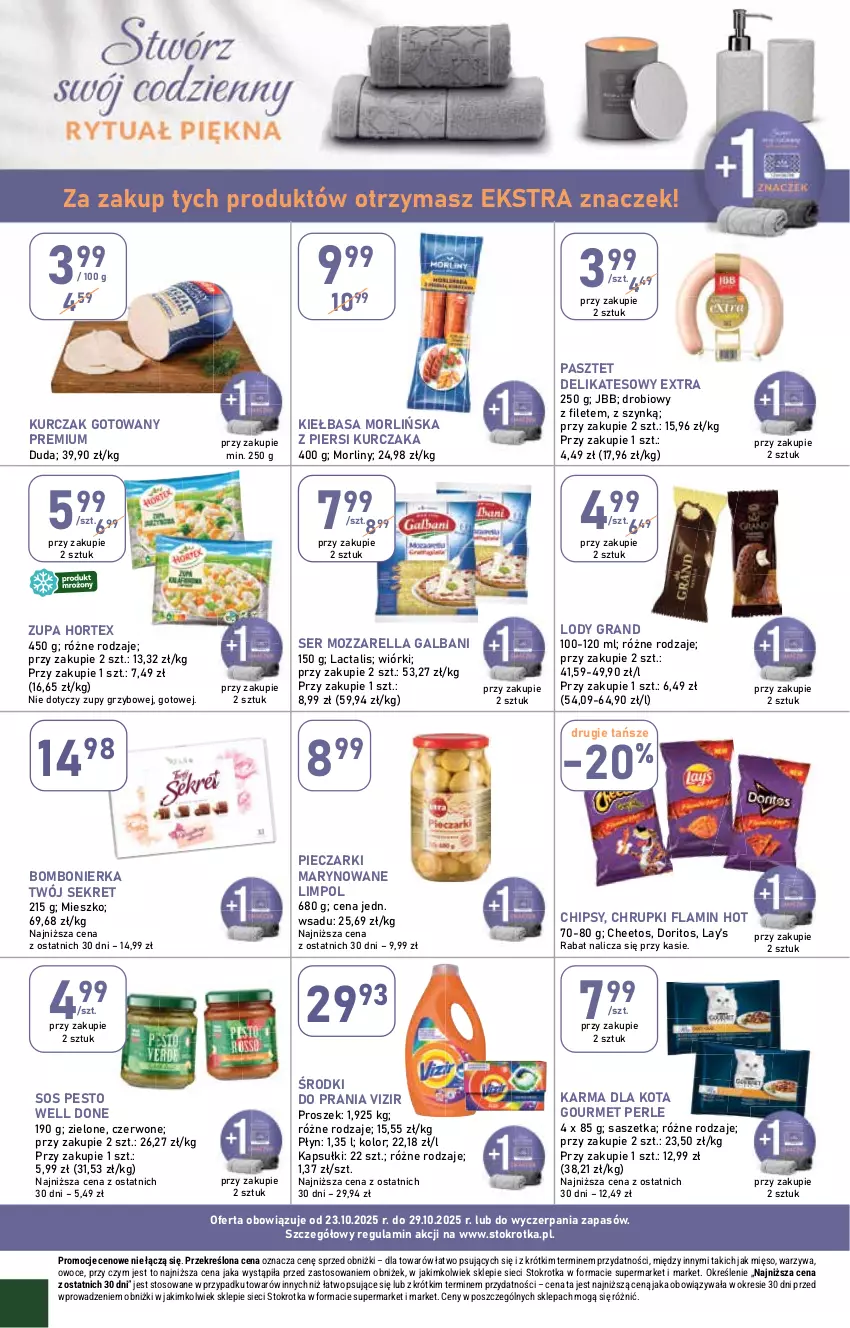 Gazetka promocyjna Stokrotka - Market - ważna 23.10 do 29.10.2025 - strona 18 - produkty: Cheetos, Chipsy, Chrupki, Duda, Galbani, Gra, Hortex, Kiełbasa, Kret, Kurczak, Kurczak gotowany, Lay’s, Lody, Mięso, Morliny, Mozzarella, Owoce, Pasztet, Pesto, Piec, Ser, Sos, Vizir, Warzywa, Zupa