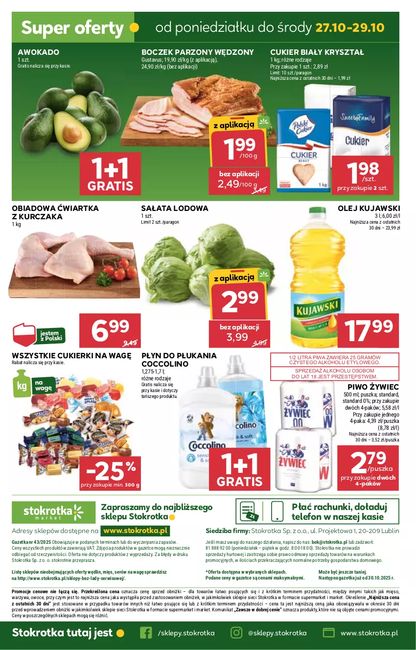 Gazetka promocyjna Stokrotka - Market - ważna 23.10 do 29.10.2025 - strona 24 - produkty: Boczek, Coccolino, Cukier, Cukierki, Dres, Gra, JBL, Kujawski, Kurczak, Mięso, O nas, Olej, Owoce, Piwa, Piwo, Płyn do płukania, Sałat, Sałata lodowa, Ser, Telefon, Wagi, Warzywa