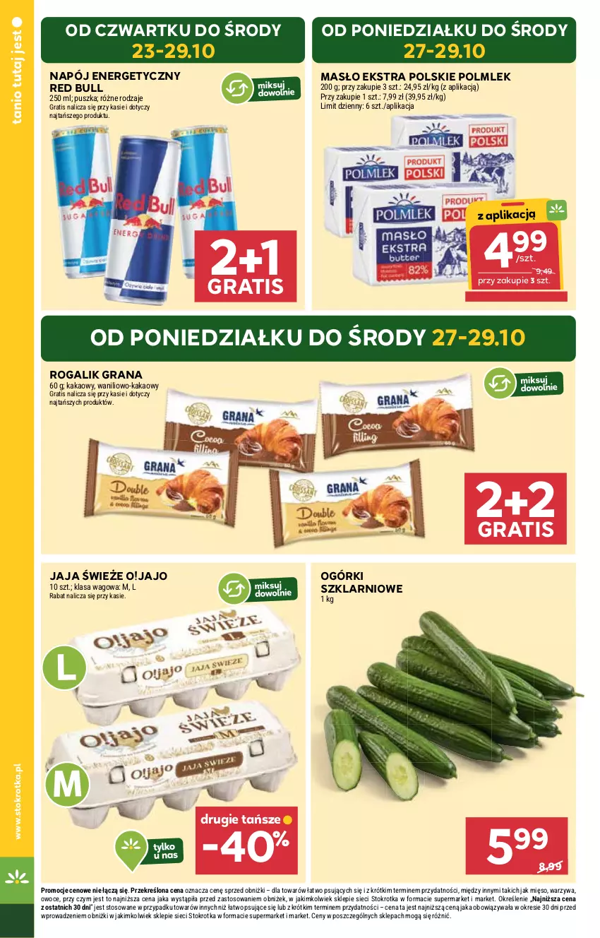 Gazetka promocyjna Stokrotka - Market - ważna 23.10 do 29.10.2025 - strona 4 - produkty: Gra, Jaja, Kakao, Masło, Mięso, Napój, Napój energetyczny, Owoce, POLMLEK, Red Bull, Rogal, Warzywa