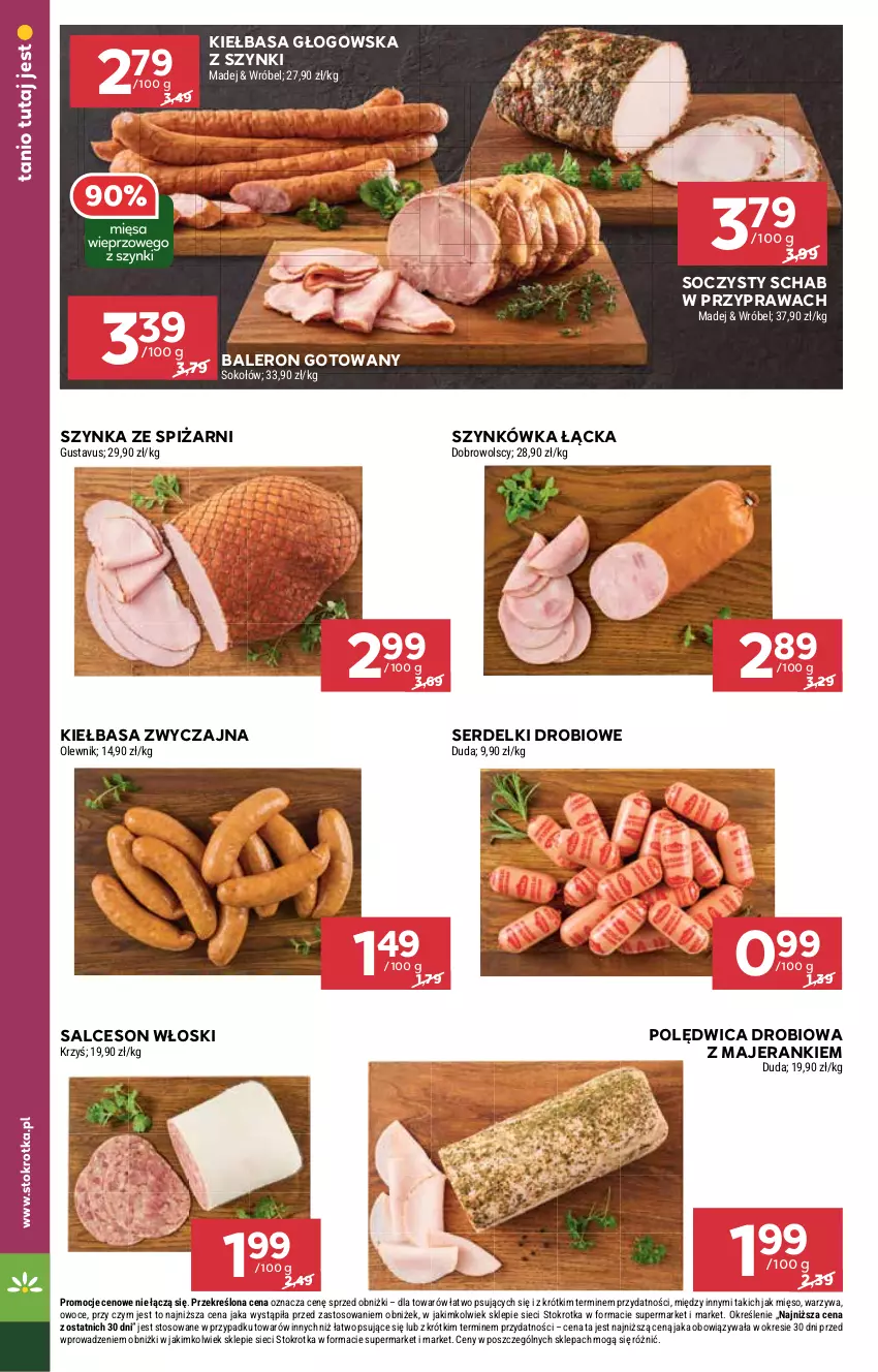 Gazetka promocyjna Stokrotka - Market - ważna 23.10 do 29.10.2025 - strona 8 - produkty: Duda, Kiełbasa, Kiełbasa głogowska, Mięso, Olewnik, Owoce, Polędwica, Salceson, Ser, Serdelki, Sok, Sokołów, Szynka, Warzywa