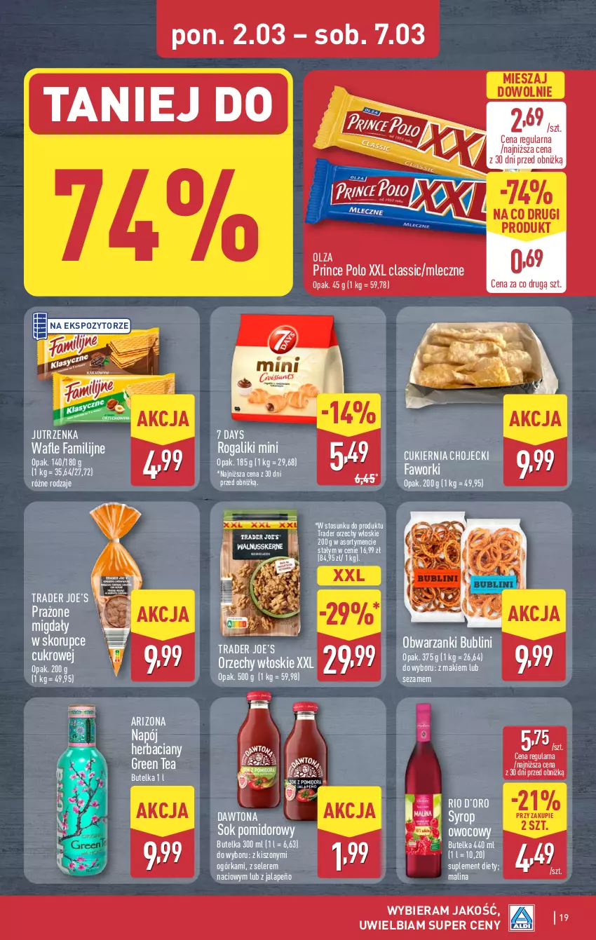 Gazetka promocyjna Aldi - Pełna oferta - ważna 02.03 do 07.03.2026 - strona 19 - produkty: 7 Days, Cukier, Dawtona, Fa, Faworki, Jutrzenka, Migdały, Napój, Orzechy włoskie, Prince Polo, Rogal, Sezam, Sok, Sok pomidorowy, Suplement diety, Syrop, Wafle