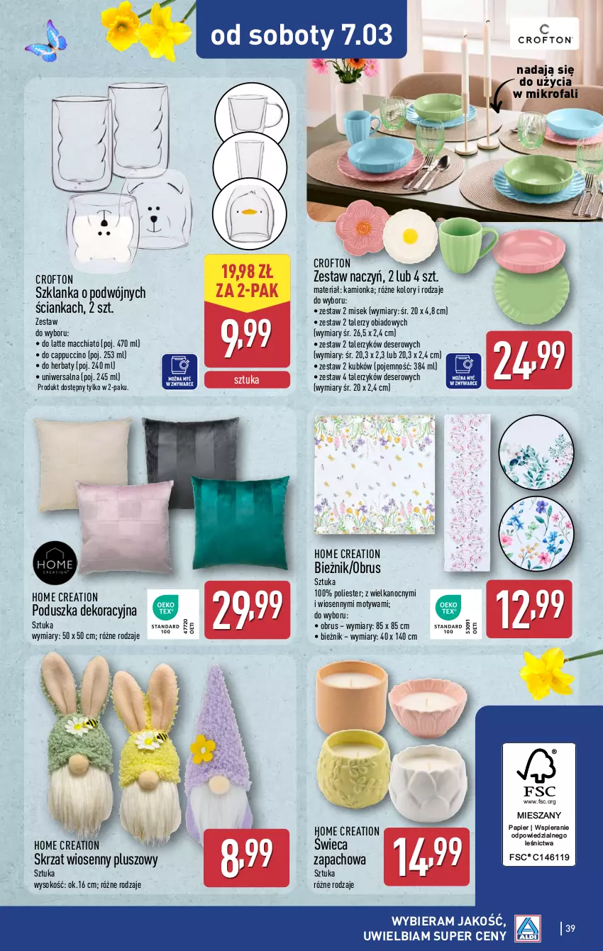 Gazetka promocyjna Aldi - Pełna oferta - ważna 02.03 do 07.03.2026 - strona 39 - produkty: Bieżnik, Cappuccino, Chia, Deser, Fa, Obrus, Papier, Poduszka, Poduszka dekoracyjna, Ser, Skrzat, Sok, Szklanka, Talerz, Talerzyk