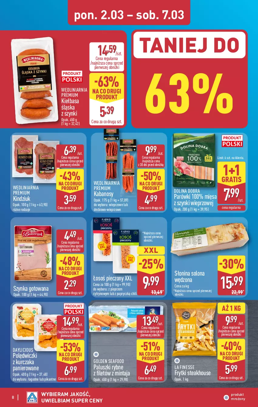 Gazetka promocyjna Aldi - Pełna oferta - ważna 02.03 do 07.03.2026 - strona 8 - produkty: Frytki, Golden Seafood, Gra, Kabanos, Kiełbasa, Kiełbasa śląska, Kindziuk, Kurczak, Mintaj, Paluszki rybne, Parówki, Piec, Pieprz, Polędwiczki z kurczaka, Szynka