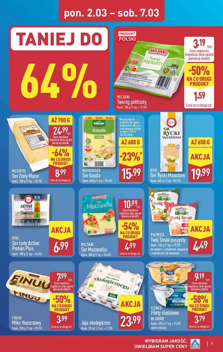 Gazetka promocyjna Aldi - Pełna oferta - ważna 02.03 do 07.03.2026 - strona 9 - produkty: Beko, Burger, Finuu, Gouda, Hofburger, Jaja, Lisner, Maasdam, Miks tłuszczowy, Mozzarella, Piątnica, Ser, Sos, Twaróg, Twaróg półtłusty, Twój Smak, Złoty Mazur