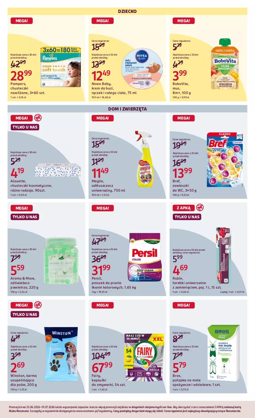 Gazetka promocyjna Rossmann - Gazetka promocyjna Rossmanna - ważna 25.06 do 01.07.2026 - strona 3 - produkty: Alouette, BoboVita, Bref, Chusteczki, Chusteczki kosmetyczne, Fa, Fairy, Mus, Nivea, Nivea Baby, Odświeżacz powietrza, Odtłuszczacz, Pampers, Persil, Proszek do prania, Rubin, Winston, Zawieszki, Zmywarki, Zwierzęta
