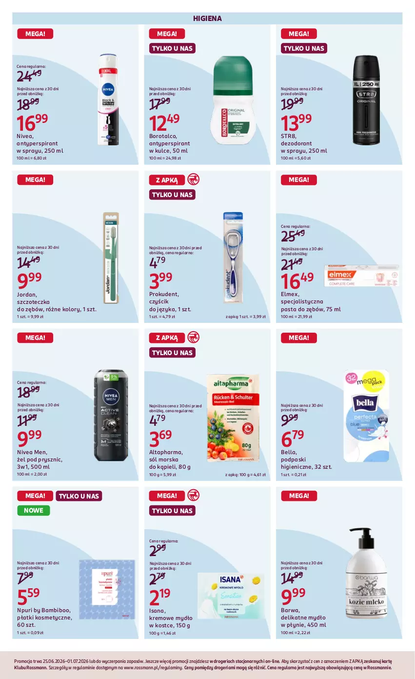 Gazetka promocyjna Rossmann - Gazetka promocyjna Rossmanna - ważna 25.06 do 01.07.2026 - strona 4 - produkty: Antyperspirant, Bell, Bella, Dezodorant, Elmex, Isana, Mydło, Mydło w płynie, Nivea, Nivea Men, Pasta do zębów, Płatki kosmetyczne, Podpaski, Prokudent, Pur, Sól, Str8, Szczoteczka, Szczoteczka do zębów