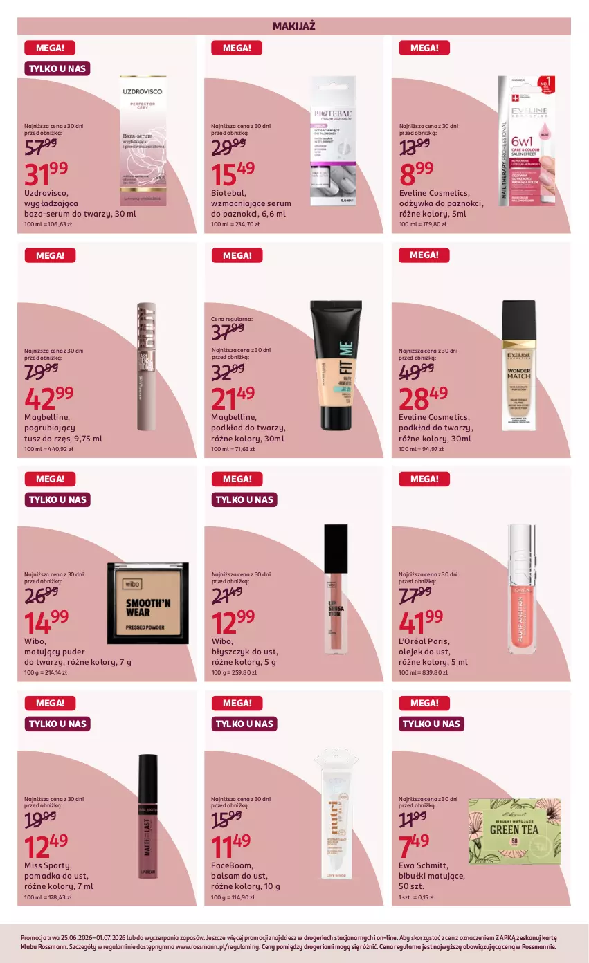 Gazetka promocyjna Rossmann - Gazetka promocyjna Rossmanna - ważna 25.06 do 01.07.2026 - strona 7 - produkty: Balsam do ust, Bell, Bibułki, BIOTEBAL, Błyszczyk do ust, Eveline, Ewa Schmitt, Fa, L’Oréal, Makijaż, Maybelline, Miss Sporty, Odżywka, Olej, Podkład, Podkład do twarzy, Por, Puder, Puder do twarzy, Rum, Ser, Serum, Serum do twarzy, Sport, Tusz, Wibo