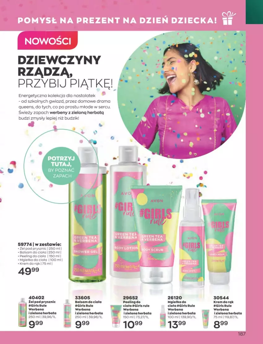 Gazetka promocyjna Avon - Katalog Avon 5/2023 kampania maj - ważna 01.05 do 31.05.2023 - strona 187 - produkty: Balsam do ciała, Budzik, Herbata, Peeling, Rama, Ser