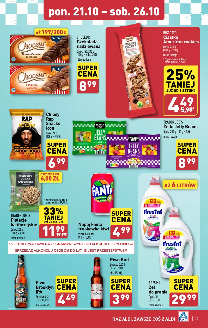 Gazetka promocyjna Aldi - Pełna oferta - ważna 21.10 do 26.10.2024 - strona 19 - produkty: Chipsy, Ciastka, Czekolada, Czekolada nadziewana, Fa, Fanta, Gra, Jelly beans, Kiwi, Napój, Pistacje, Piwa, Piwo