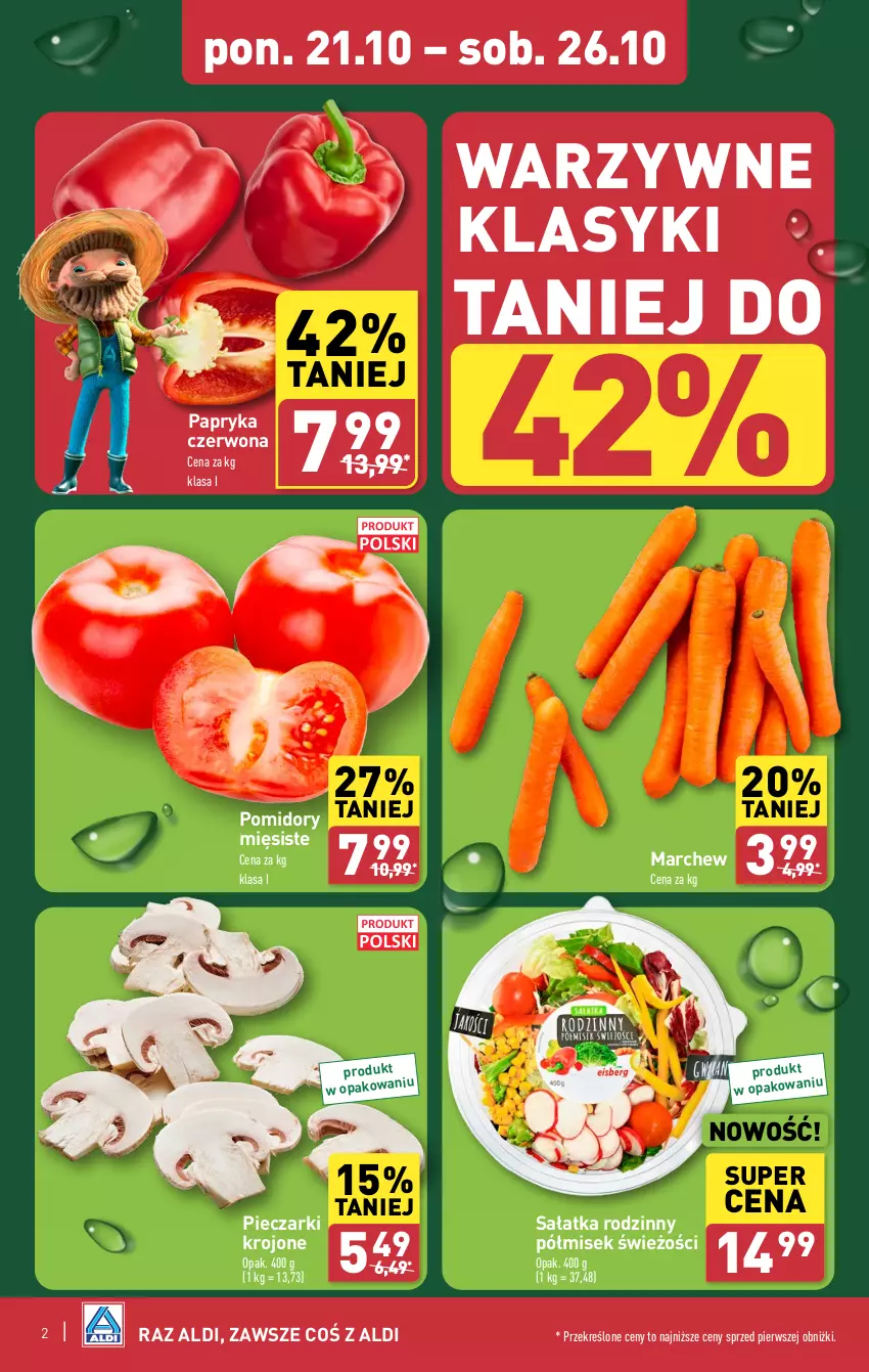 Gazetka promocyjna Aldi - Pełna oferta - ważna 21.10 do 26.10.2024 - strona 2 - produkty: Papryka, Papryka czerwona, Piec, Pieczarki krojone, Pomidory, Sałat, Sałatka