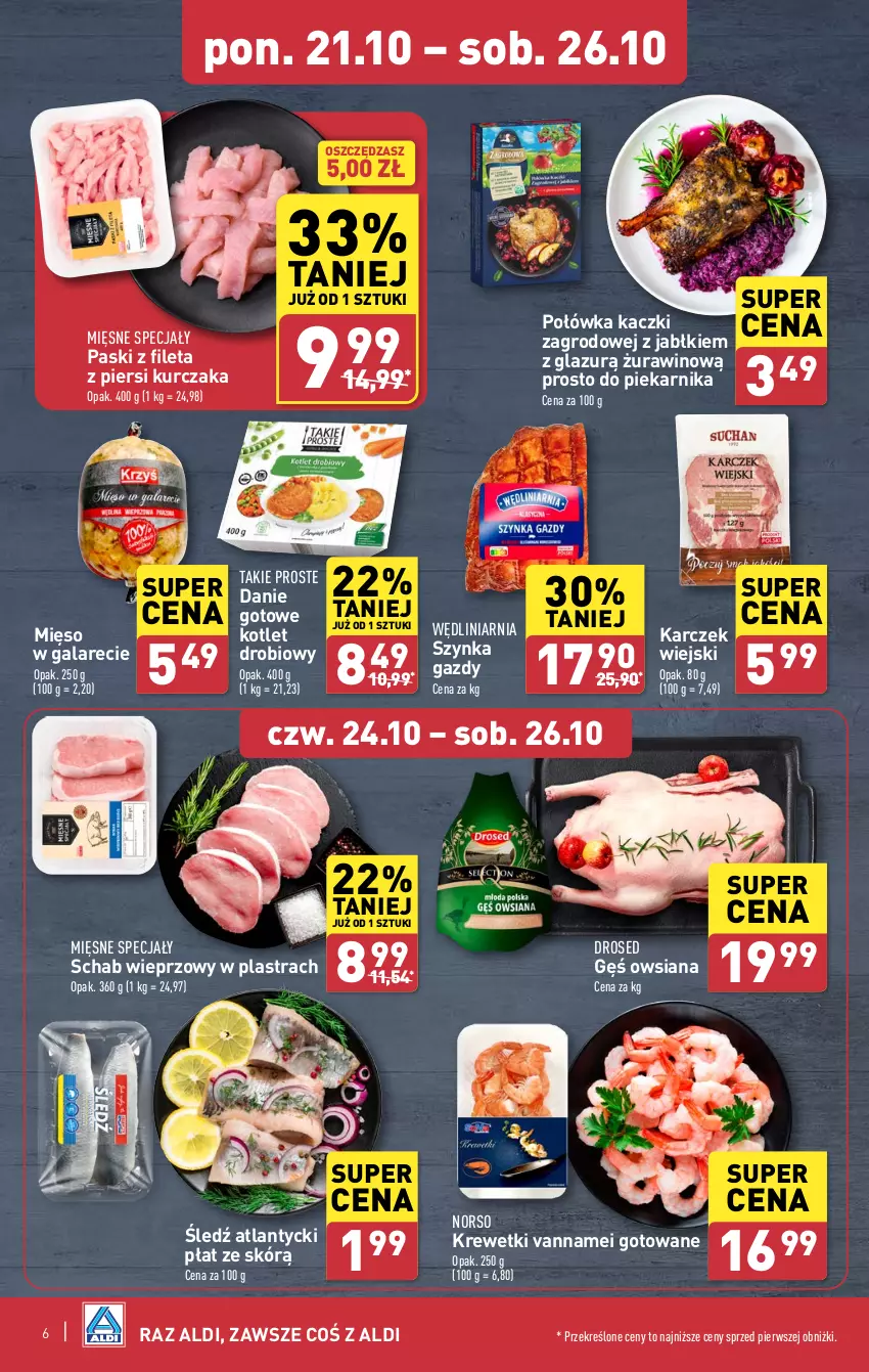 Gazetka promocyjna Aldi - Pełna oferta - ważna 21.10 do 26.10.2024 - strona 6 - produkty: Danie gotowe, Gala, Gęś owsiana, Kotlet, Krewetki, Kurczak, Lazur, Mięsne specjały, Mięso, Mięso w galarecie, Piekarnik, Schab wieprzowy, Szynka, Wino