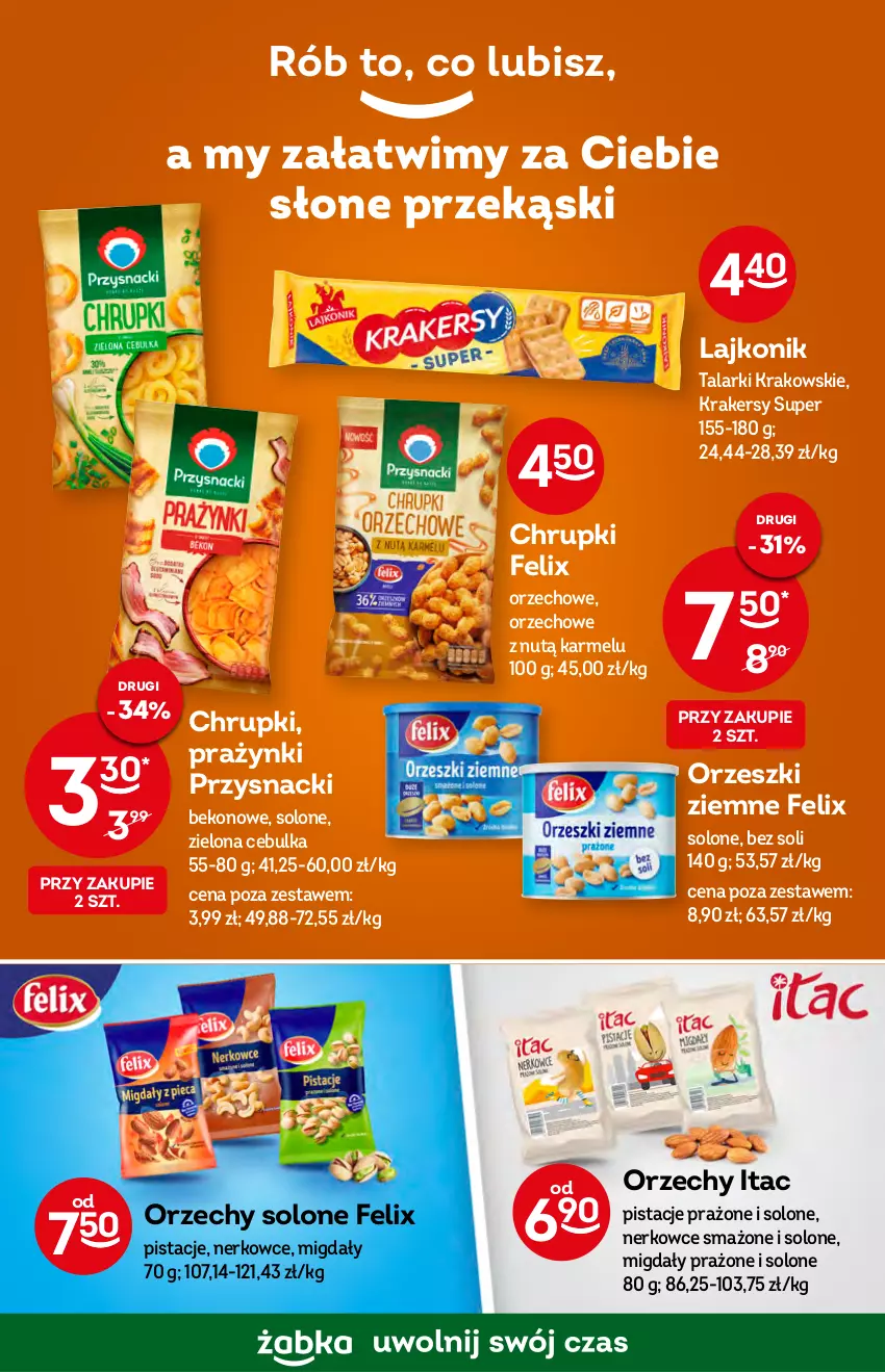 Gazetka promocyjna Żabka - ważna 19.10 do 25.10.2022 - strona 19 - produkty: Beko, Chrupki, Felix, Krakersy, Lajkonik, Migdały, Orzeszki, Orzeszki ziemne, Pistacje, Przysnacki