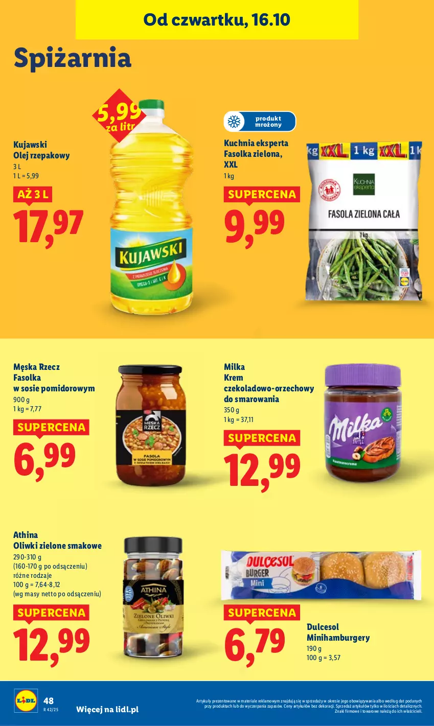 Gazetka promocyjna Lidl - GAZETKA - ważna 16.10 do 18.10.2025 - strona 52 - produkty: Burger, Fa, Hamburger, Kuchnia, Kujawski, Milka, Olej, Olej rzepakowy, Oliwki, Oliwki zielone, Sos