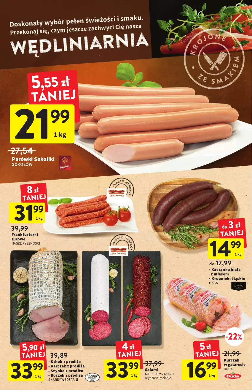 Gazetka promocyjna Intermarche - ważna 28.07 do 03.08.2022 - strona 16 - produkty: Boczek, Duda, Frankfurterki, Gala, Kasza, Kaszanka, Kurczak, Parówki, Parówki sokoliki, Salami, Sok, Sokołów, Szynka