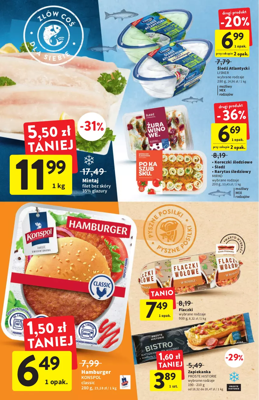 Gazetka promocyjna Intermarche - ważna 28.07 do 03.08.2022 - strona 22 - produkty: Burger, Hamburger, Koreczki śledziowe, Lazur, Lisner, Mintaj, Zapiekanka