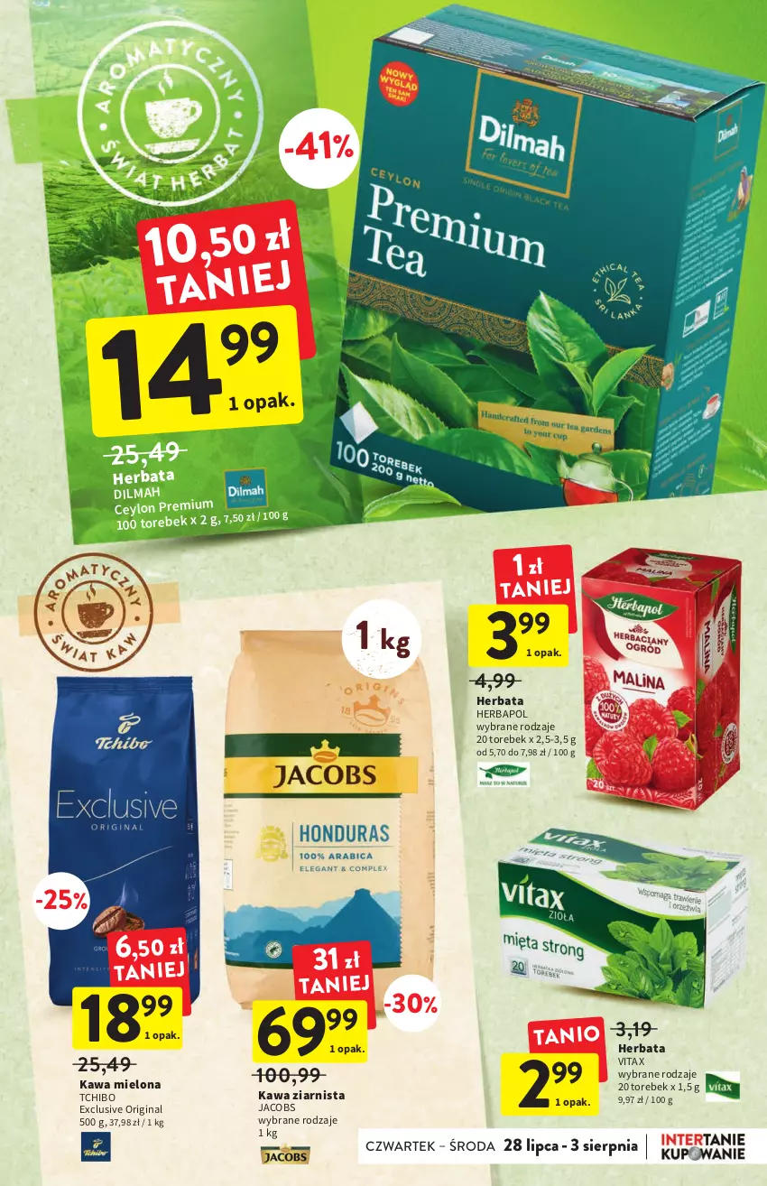 Gazetka promocyjna Intermarche - ważna 28.07 do 03.08.2022 - strona 25 - produkty: Dilmah, Gin, Herbapol, Herbata, Jacobs, Kawa, Kawa mielona, Kawa ziarnista, Tchibo, Vitax