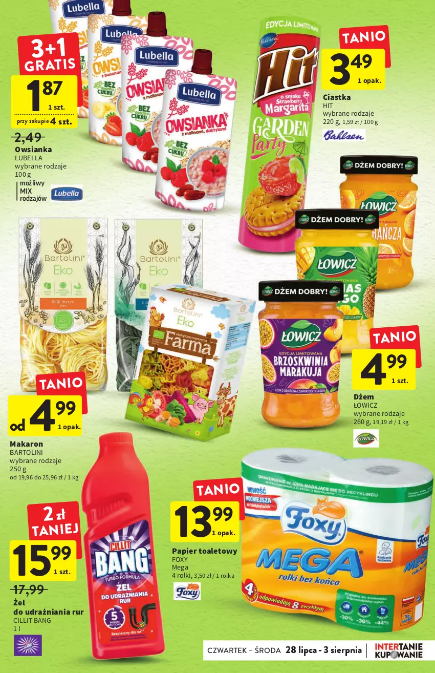 Gazetka promocyjna Intermarche - ważna 28.07 do 03.08.2022 - strona 31 - produkty: Bell, Bella, Ciastka, Cillit Bang, Dżem, Foxy, Lubella, Makaron, Owsianka, Papier, Papier toaletowy, Rolki