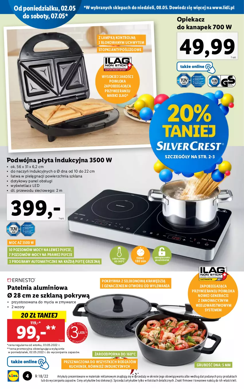 Gazetka promocyjna Lidl - GAZETKA - ważna 02.05 do 08.05.2022 - strona 4 - produkty: Gra, LANA, Opiekacz do kanapek, Patelnia, Piec, Płyta, Płyta indukcyjna, Por, Sok, Top