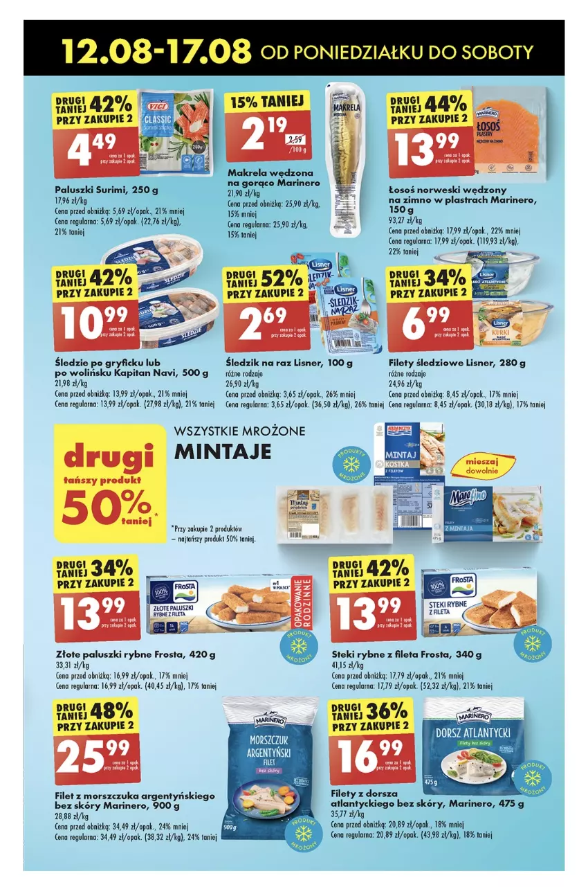 Gazetka promocyjna Biedronka - Od poniedzialku - ważna 12.08 do 17.08.2024 - strona 35 - produkty: Dorsz, Filet z morszczuka, Frosta, Gry, Lisner, Mintaj, Paluszki rybne, Stek, Surimi