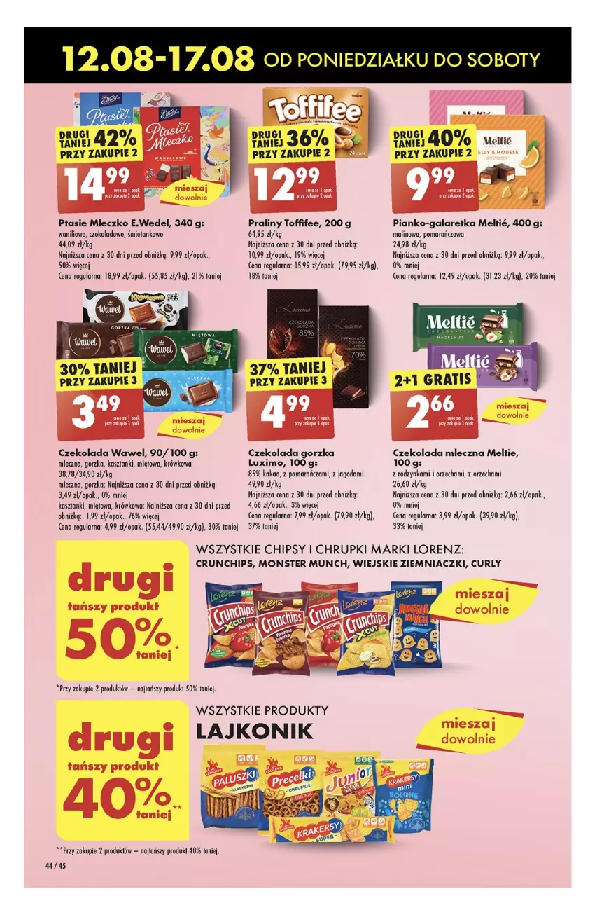 Gazetka promocyjna Biedronka - Od poniedzialku - ważna 12.08 do 17.08.2024 - strona 48 - produkty: Chipsy, Chrupki, Crunchips, Czekolada, Czekolada gorzka, Czekolada mleczna, Gala, Galaretka, Kakao, Lajkonik, Lorenz, Mleczko, Monster Munch, Praliny, Ptasie mleczko, Toffifee, Wawel