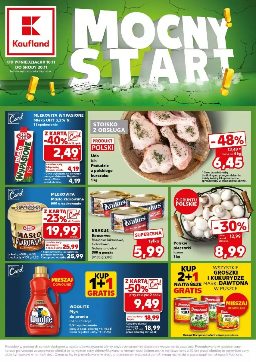 Gazetka promocyjna Kaufland - ważna 18.11 do 20.11.2024 - strona 1 - produkty: Dawtona, Krakus, Kurczak, Mleko, Mlekovita, Płyn do prania, Por, Ser, Vita C, Waga, Woolite