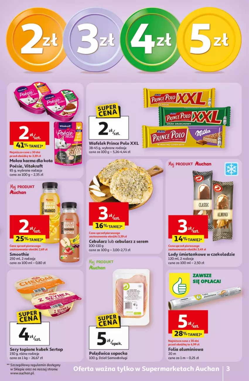 Gazetka promocyjna Auchan - 30 Lat Supermarket - ważna 23.04 do 28.04.2026 - strona 3 - produkty: Cebula, Fa, Folia aluminiowa, Kubek, Lody, Mango, Mokra karma, Polędwica, Prince Polo, Ser, Smoothie, Top, Vitakraft, Wafelek