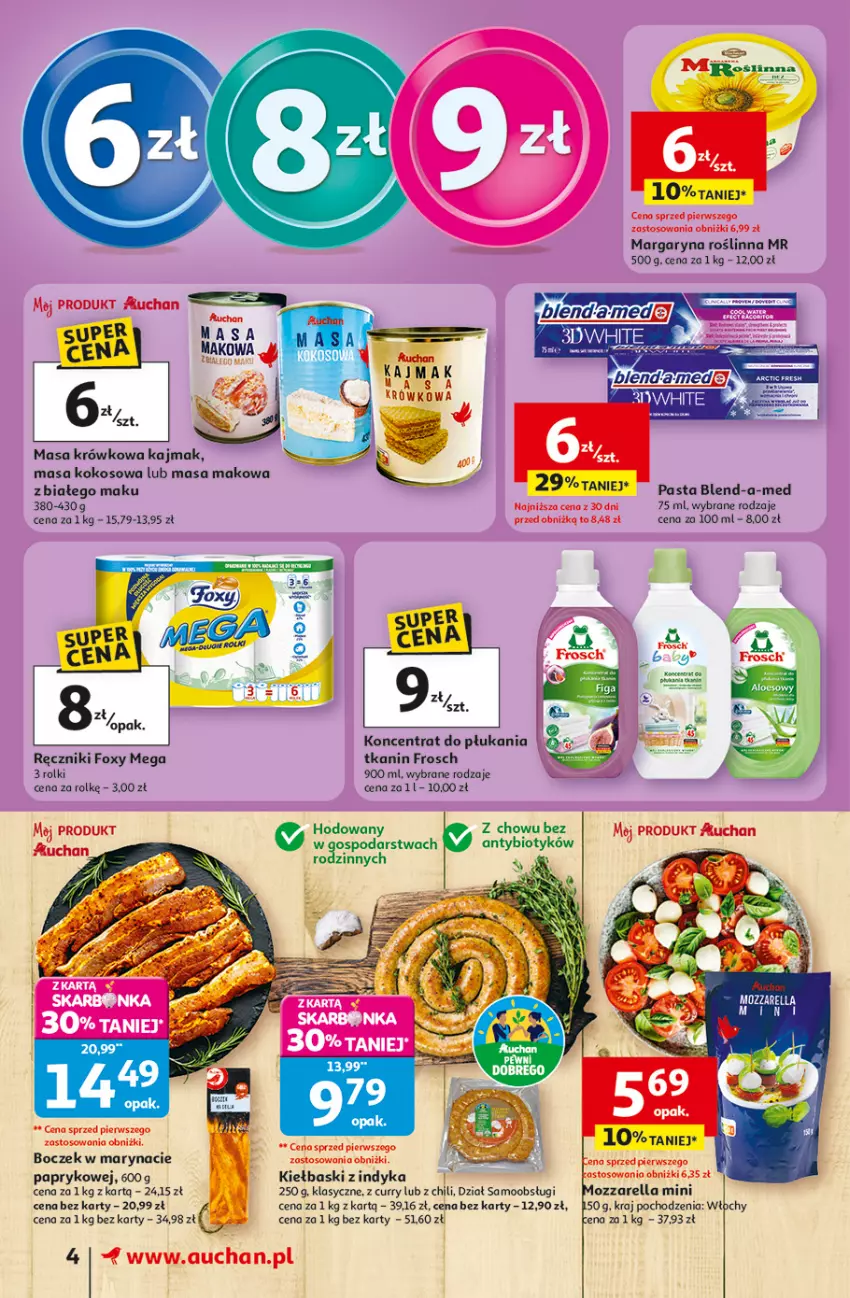 Gazetka promocyjna Auchan - 30 Lat Supermarket - ważna 23.04 do 28.04.2026 - strona 4 - produkty: Blend-a-Med, Boczek, Foxy, Frosch, Kokos, Margaryna, Masa krówkowa, Ręcznik, Rolki