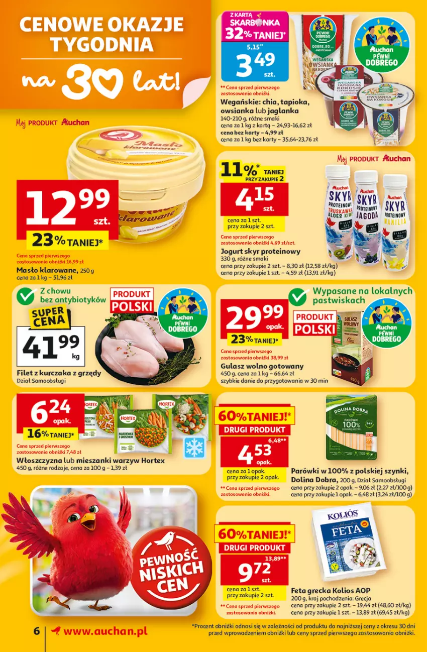 Gazetka promocyjna Auchan - 30 Lat Supermarket - ważna 23.04 do 28.04.2026 - strona 6 - produkty: Chia, Fa, Feta, Hortex, Jaglanka, Jogurt, Kokos, Kurczak, Masło, Masło klarowane, Owsianka, Parówki, Skyn