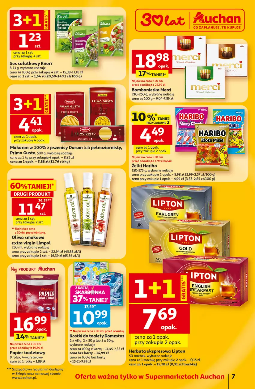 Gazetka promocyjna Auchan - 30 Lat Supermarket - ważna 23.04 do 28.04.2026 - strona 7 - produkty: Domestos, Fa, Gin, Haribo, Knorr, Makaron, Merci, Mus, Oliwa, Papier, Rum, Sałat, Sos