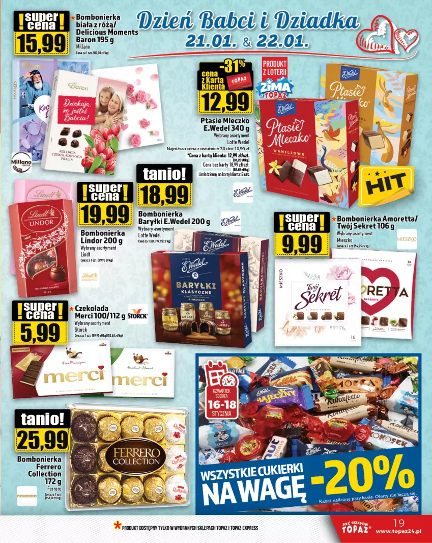 Gazetka promocyjna Topaz - Gazetka - ważna 16.01 do 22.01.2025 - strona 19 - produkty: Czekolada, Ferrero, Kret, Lindor, Lindt, Merci, Mleczko, Ptasie mleczko, Sok, Top