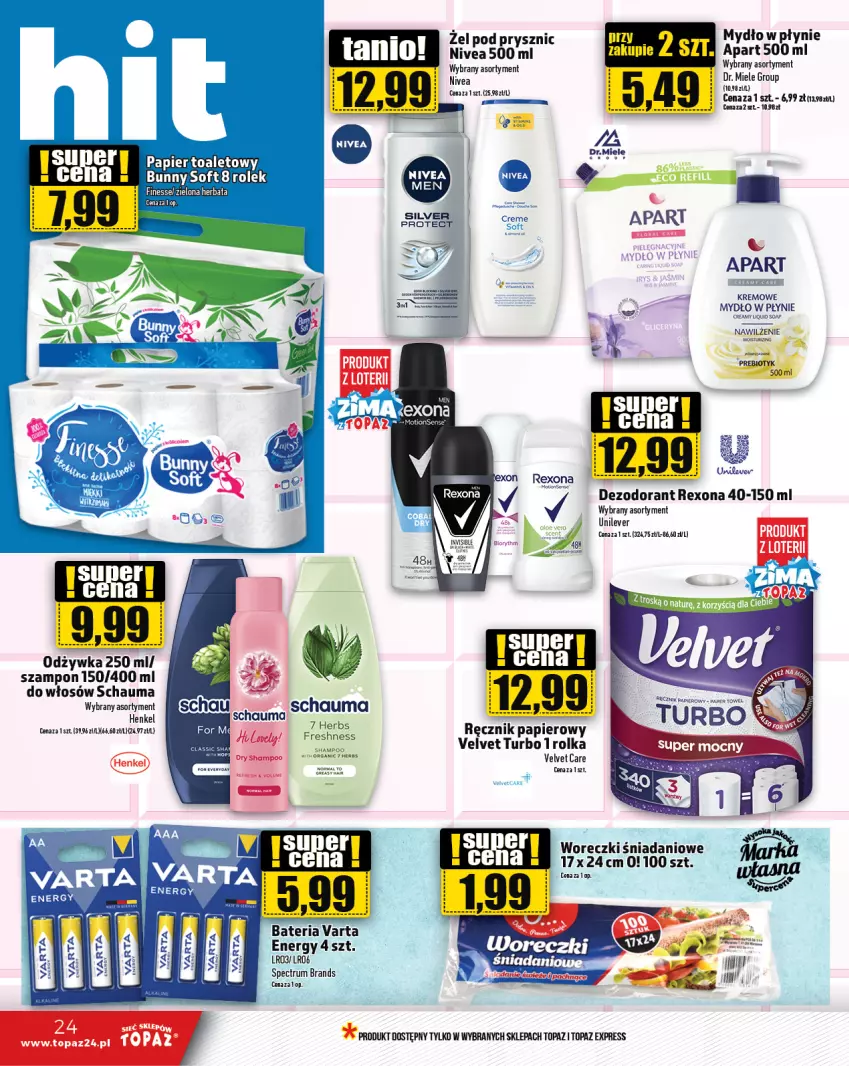 Gazetka promocyjna Topaz - Gazetka - ważna 16.01 do 22.01.2025 - strona 24 - produkty: Bateria, Danio, Dezodorant, Herbata, Mydło, Mydło w płynie, Nivea, Odżywka, Papier, Rexona, Rum, Schauma, Szampon, Top, Varta, Velvet