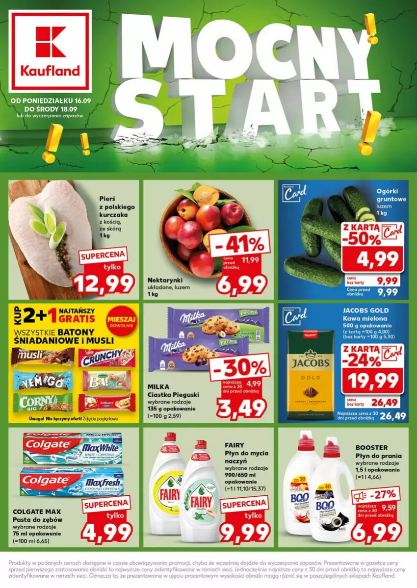 Gazetka promocyjna Kaufland - ważna 16.09 do 18.09.2024 - strona 1 - produkty: Baton, Booster, Ciastka, Colgate, Danio, Do mycia naczyń, Fa, Fairy, Grunt, Jacobs, Kawa, Kawa mielona, Kurczak, LG, Mus, Nektar, Pasta do zębów, Płyn do mycia, Płyn do mycia naczyń, Płyn do prania