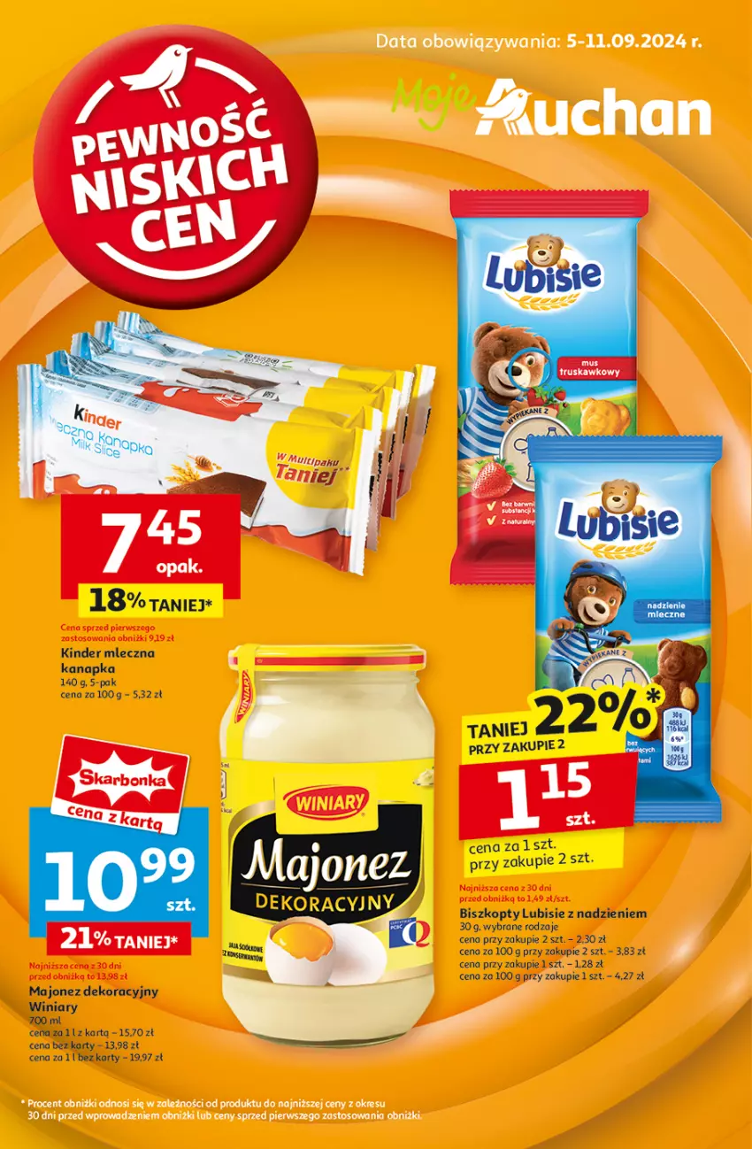 Gazetka promocyjna Auchan - Pewność Niskich Cen Moje - ważna 05.09 do 11.09.2024 - strona 1 - produkty: Biszkopty, Kinder, Lubisie, Majonez, Mleczna kanapka, Winiary